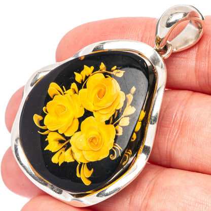 Amber Intaglio Rose Pendant 2 1/8" (925 Sterling Silver) P42584