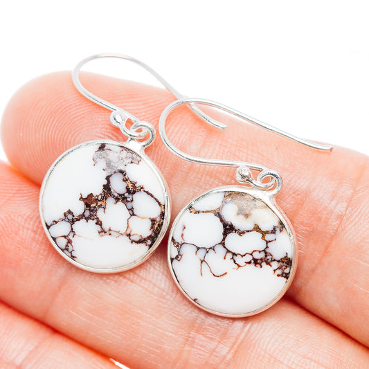 Sterling silver jasper drop earrings, round white with brown web pattern