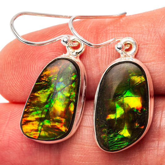 Oval ammolite earrings on .925 sterling silver hooks, iridescent green and gold