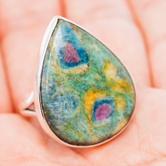 Teardrop fuchsite ring, green-blue stone with purple-pink patches, .925 sterling silver band