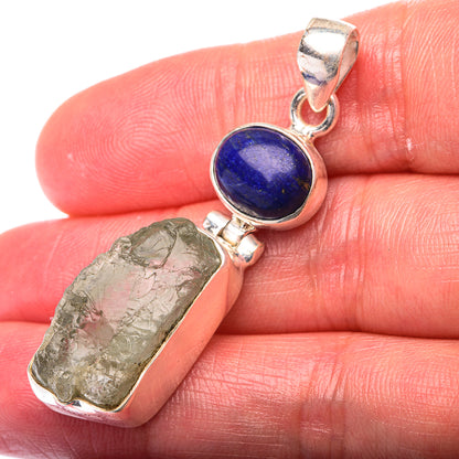 925 sterling silver pendant with blue lapis oval stone and raw green stone piece