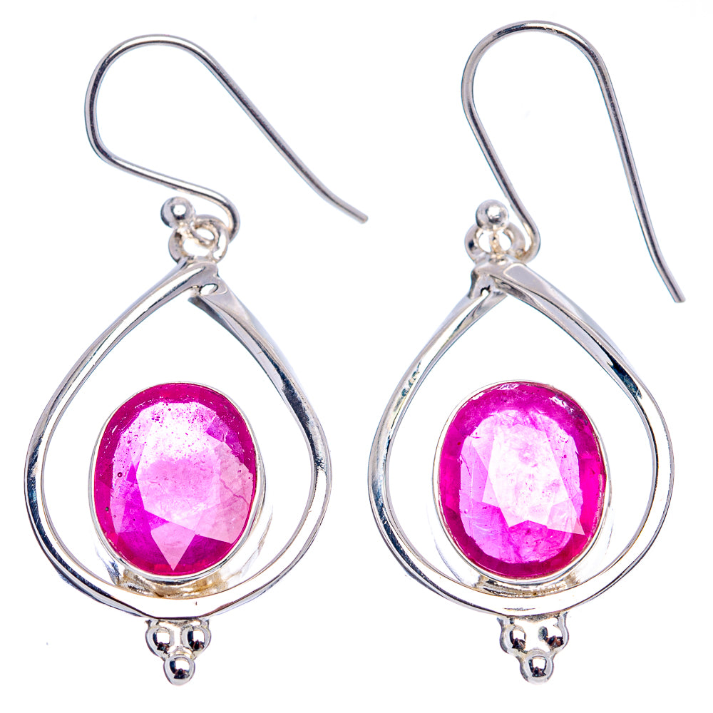 Teardrop ruby-red glass earrings with sterling silver hooks and looped frames, pair