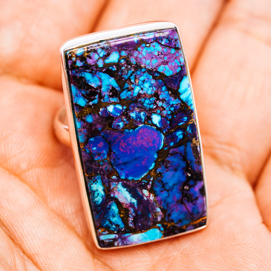 Blue, purple, and copper-toned mosaic rectangular gemstone sterling silver ring