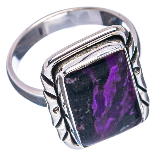 .925 sterling silver sugilite ring with rectangular purple stone, raised bezel and wide band