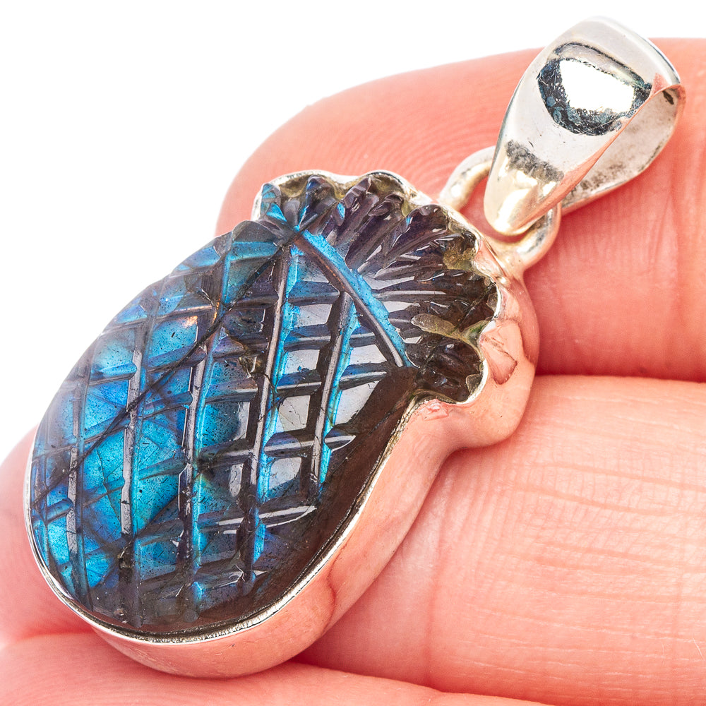 Sterling silver labradorite pineapple pendant, oval bezel with blue iridescent carving