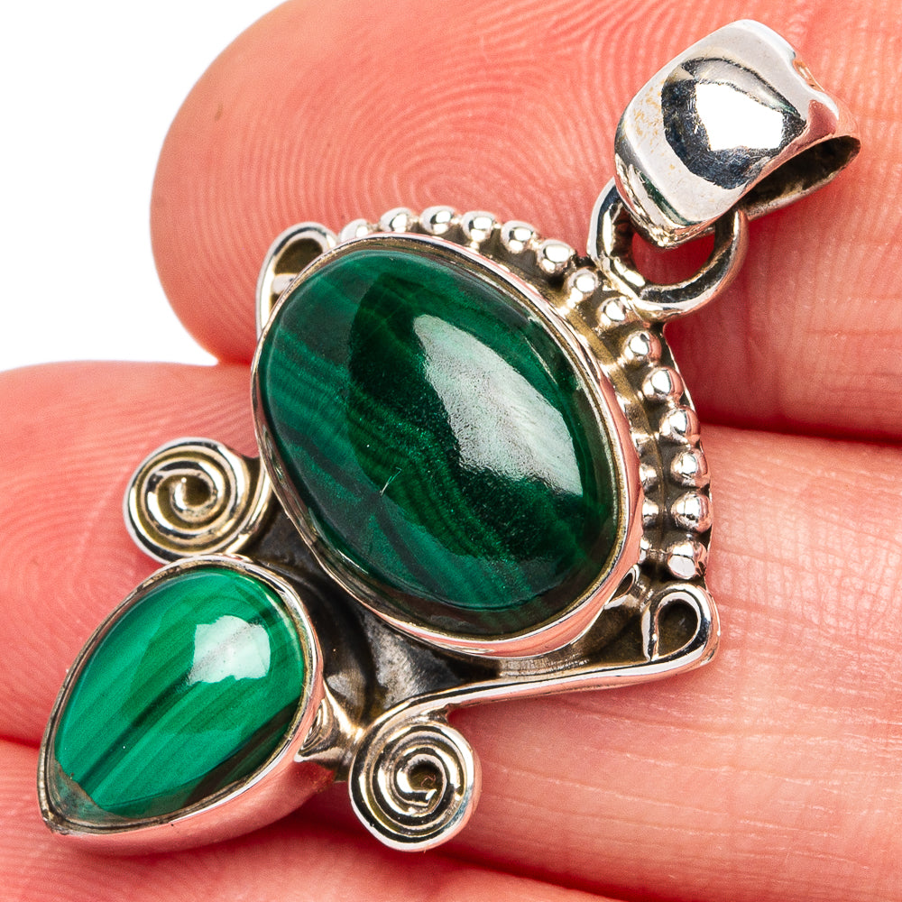 925 sterling silver malachite pendant with green oval stones and ornate swirls