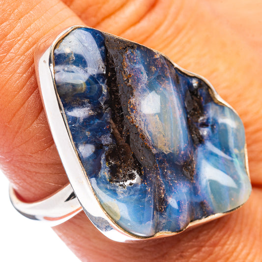 Sterling silver opal ring with blue boulder opal center, size 8.75, teardrop bezel