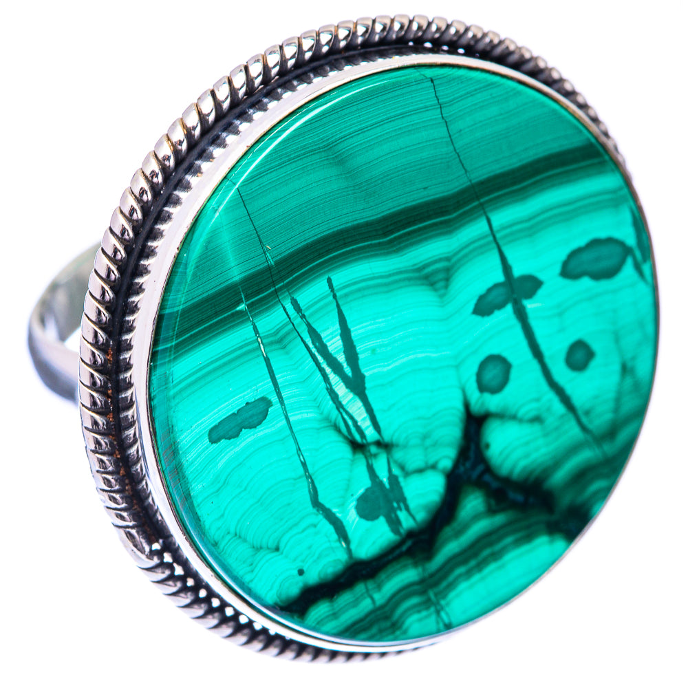 Oval malachite coin ring, teal stone with silver rope bezel, 925 sterling silver