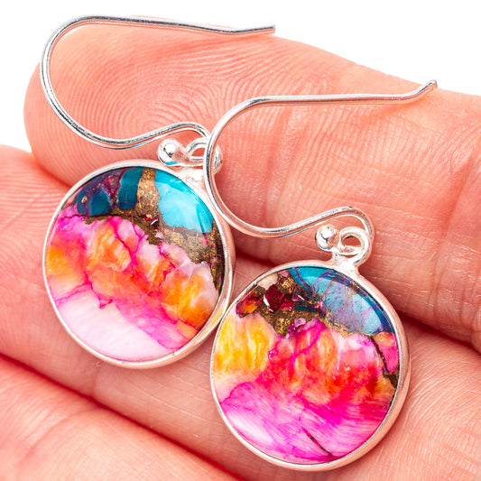 Sterling silver dangle earrings, round multicolor turquoise-pink cabochon drops