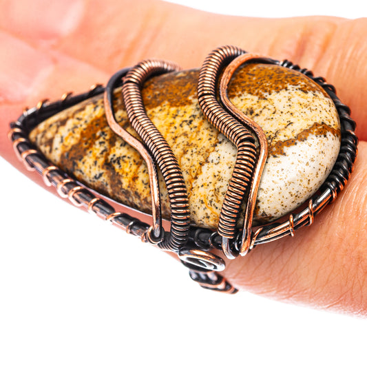 Oxidized copper wire wrap ring with oval picture jasper stone