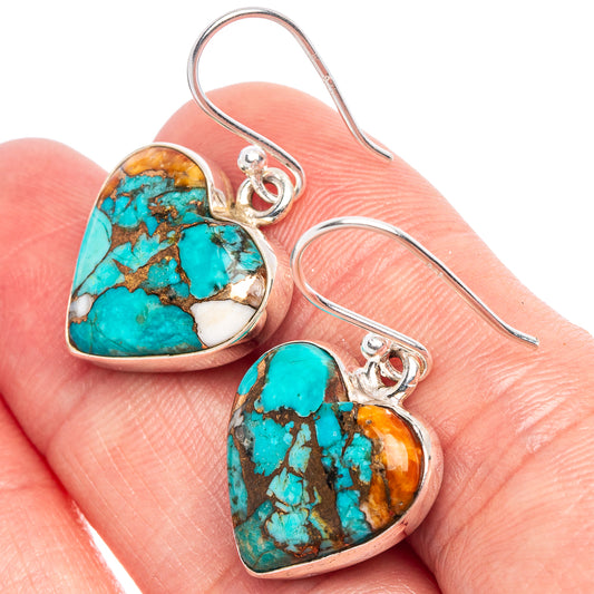 Spiny Oyster Turquoise Heart Earrings 1 1/8" (925 Sterling Silver) E1831