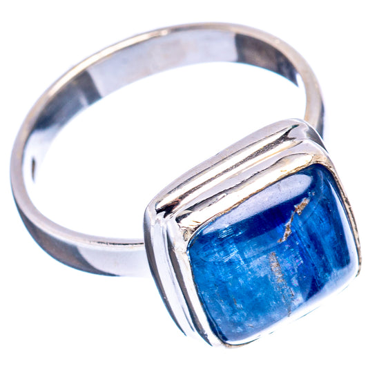 Kyanite sterling silver ring showing square blue gemstone in bezel, size 5.75