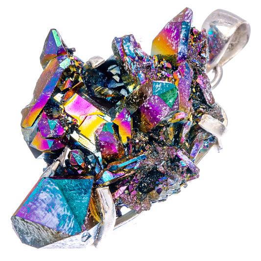 Sterling silver aura quartz pendant with iridescent purple and rainbow crystals