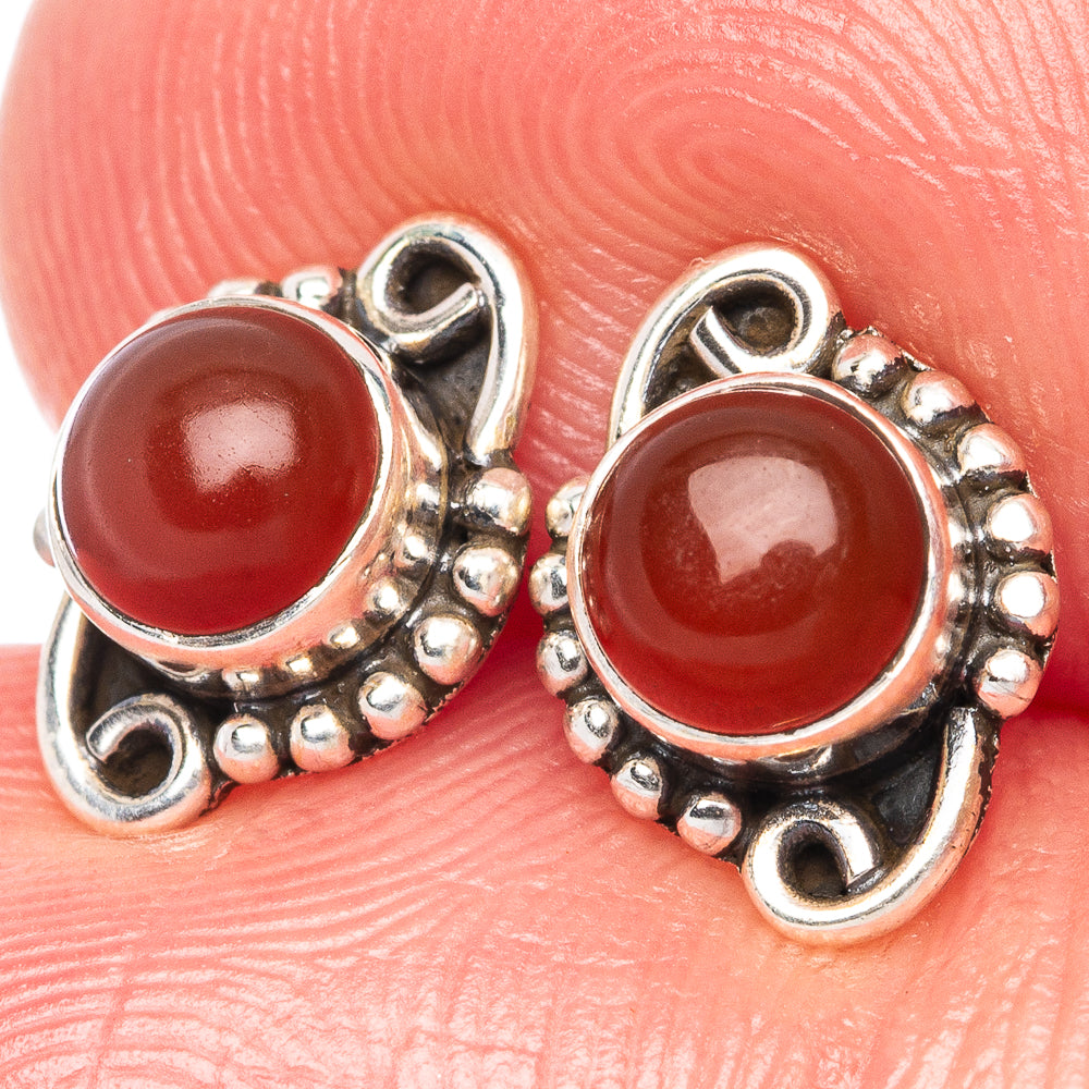 Dainty carnelian red stud earrings in 925 sterling silver with round bezel and beads