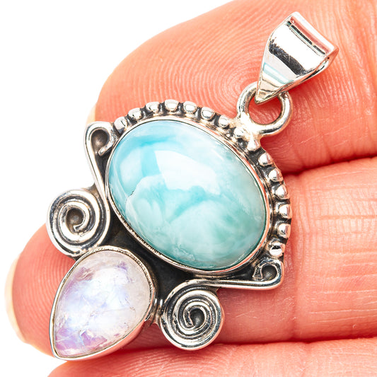 Sterling silver pendant with oval blue larimar and moonstone drop