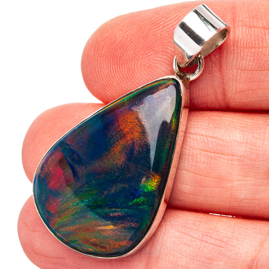 Sterling silver opal teardrop pendant with iridescent rainbow color bezel setting