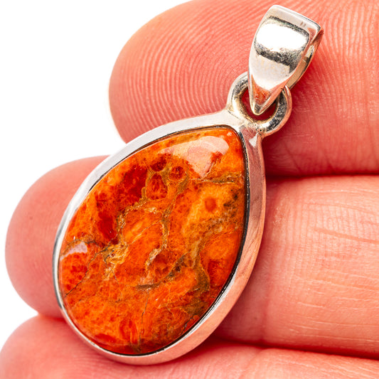 Sterling silver coral teardrop pendant with orange textured stone, round bail