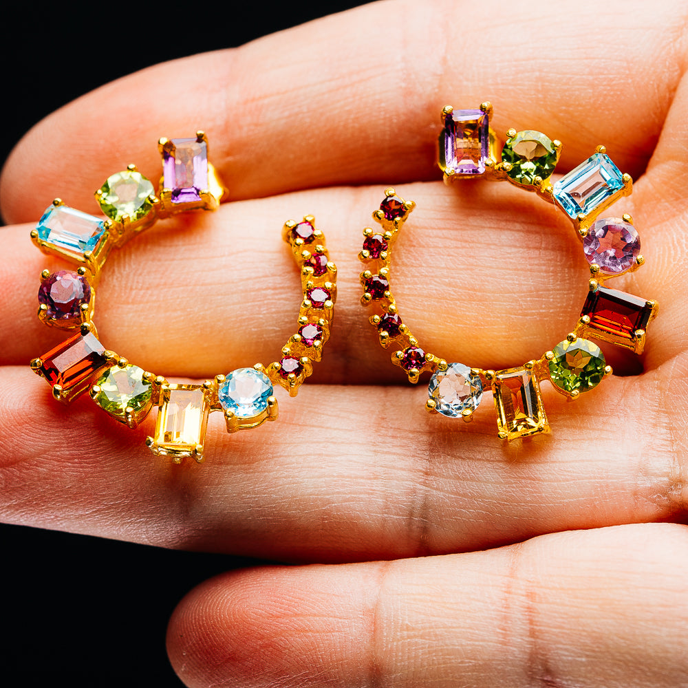 Blue Topaz, Amethyst, Perdiot, Citrine, Rhodolite Garnet C-Hoop Earrings 1 1/8" (.925 Sterling Silver) 24k Gold Plated