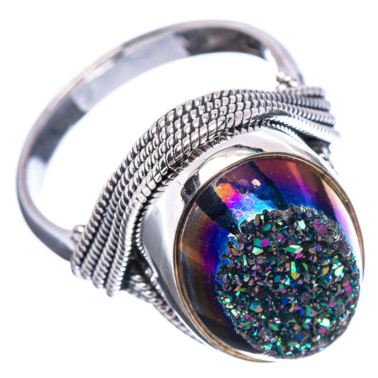 Sterling silver druzy ring with oval multicolor iridescent druzy stone, braided rope band