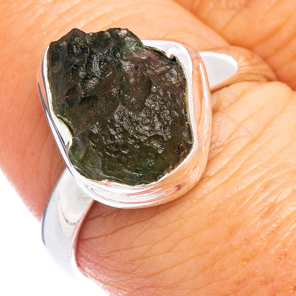 Rare Raw Moldavite Ring Size 8 (.925 Sterling Silver)