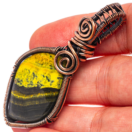 Oval bumblebee jasper wire-wrapped pendant in oxidized copper with spiral frame.