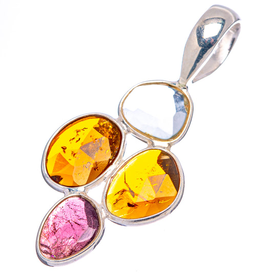 Sterling silver tourmaline pendant with faceted oval yellow, pink, and clear stones