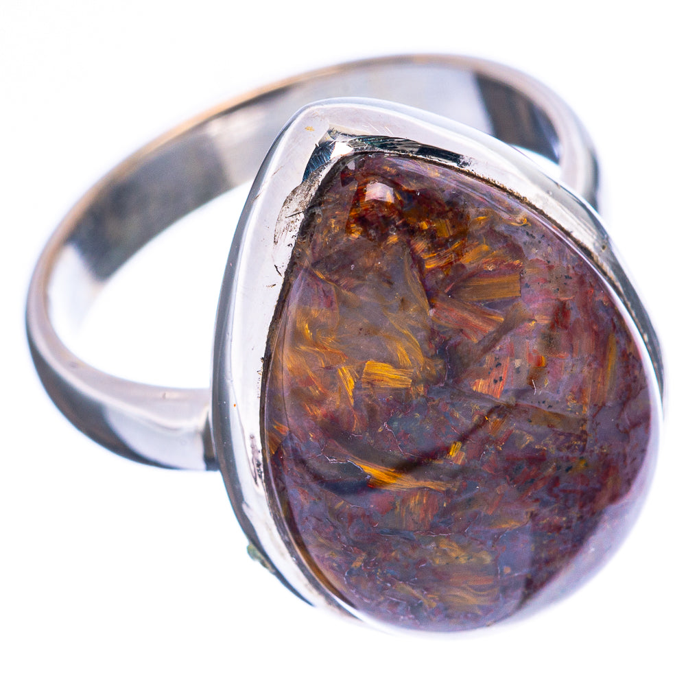 Rare cacoxenite oval cabochon ring in shiny silver bezel, side view, size 7.