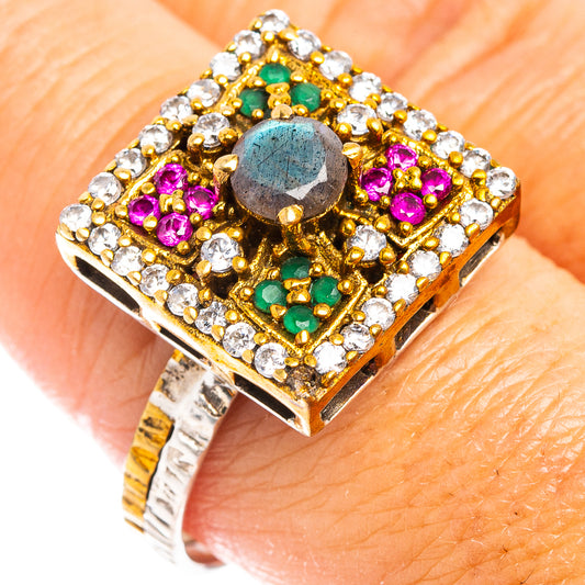 Sterling silver square ring with labradorite center, cubic zirconia border and colored accents