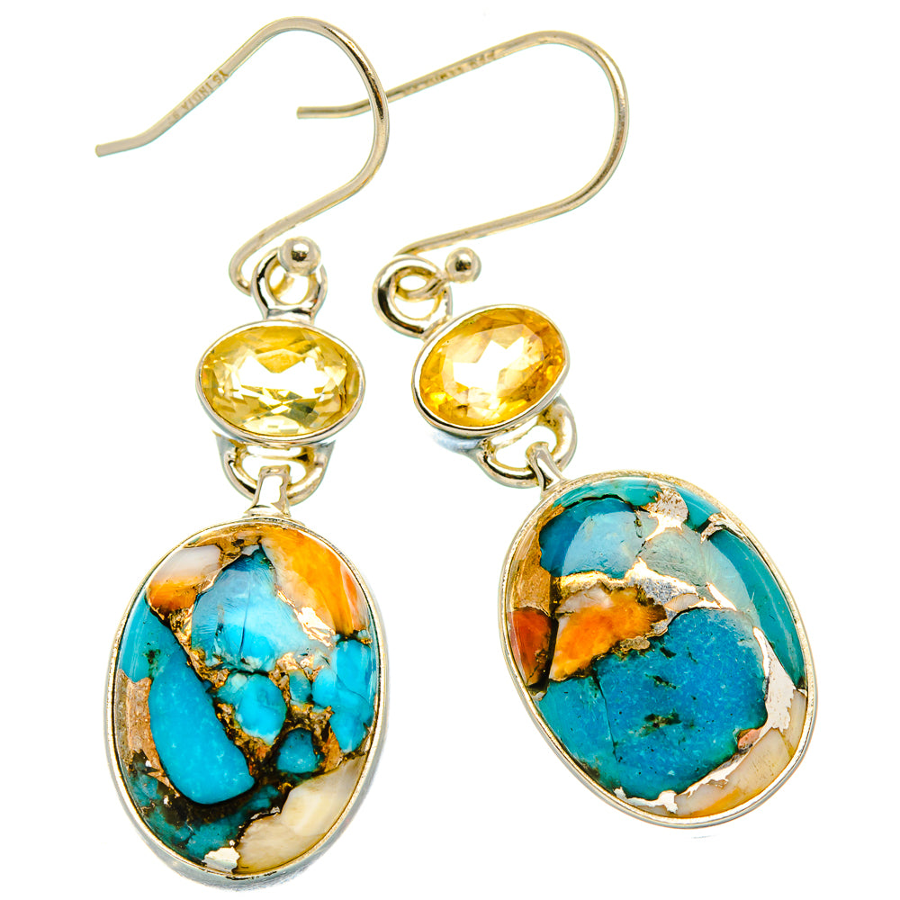 Spiny Oyster Turquoise, Citrine Earrings 1 3/4" (925 Sterling Silver) EARR432024
