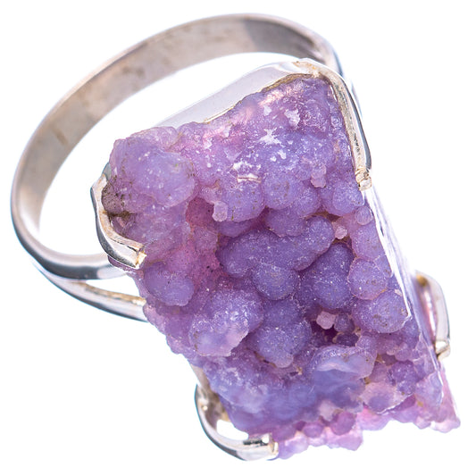 Purple druzy stone ring in polished sterling silver band, bezel with prongs