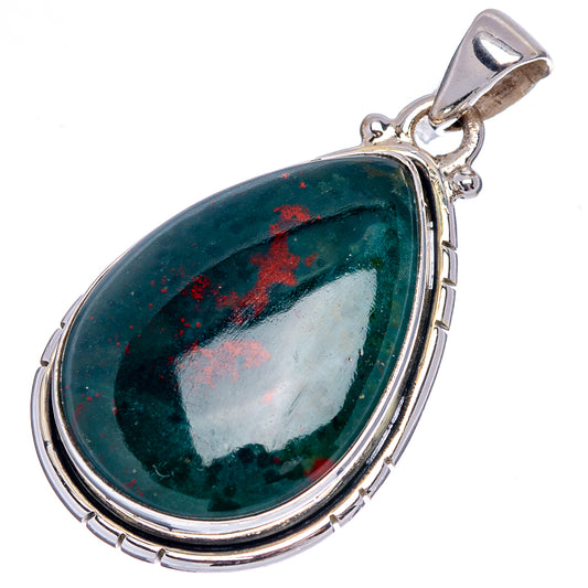 Sterling silver bloodstone pendant with teardrop bezel-set green stone and red flecks