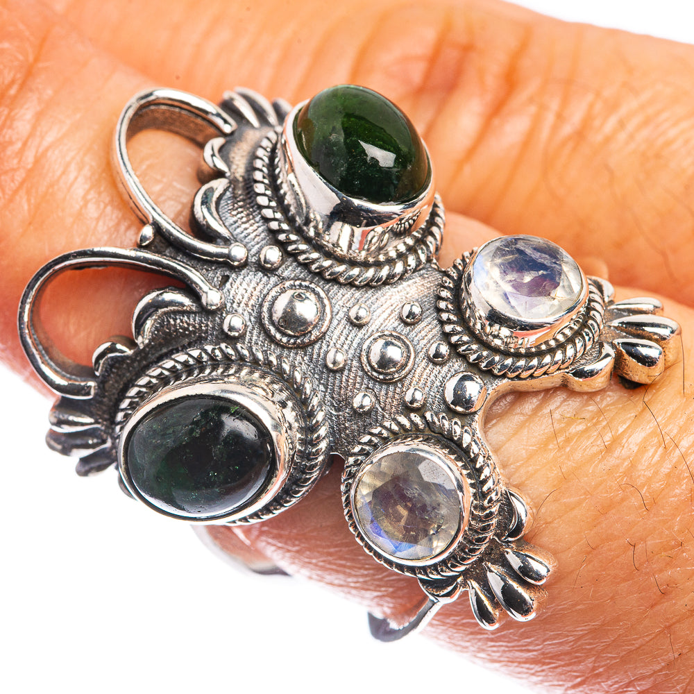 Large Green Tourmaline, Rainbow Moonstone 925 Sterling Silver Ring Size 7.5