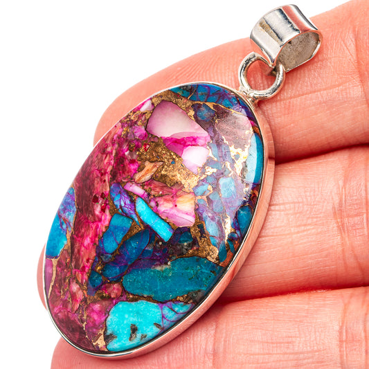 Oval turquoise and pink mosaic pendant in .925 sterling silver bail
