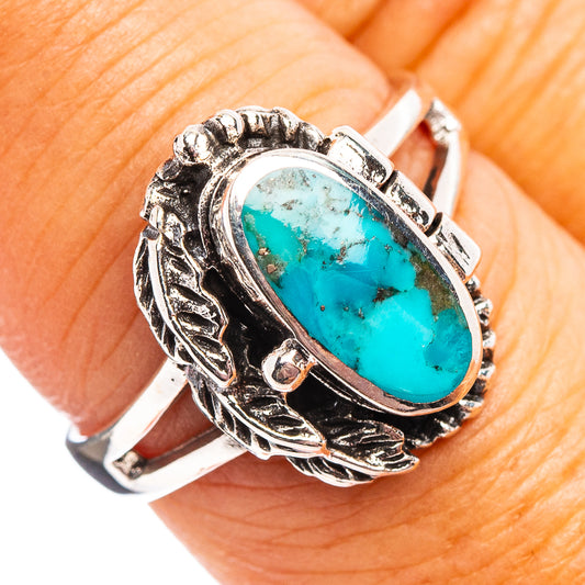 Native Style sterling silver turquoise poison ring with oval stone, ornate bezel