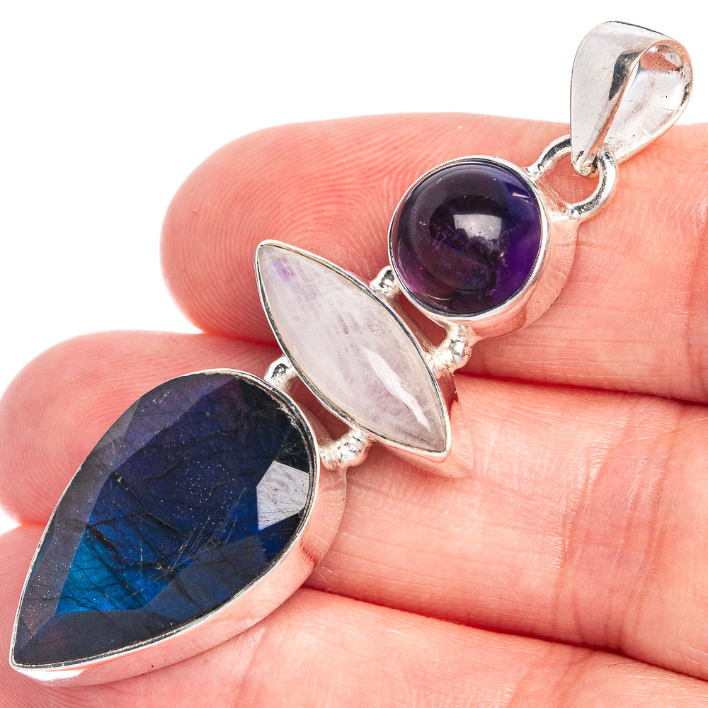 Labradorite, Rainbow Moonstone, Amethyst Pendant 2 1/8" (925 Sterling Silver) P39803