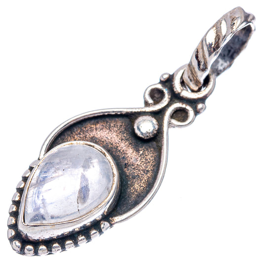 Teardrop rainbow moonstone pendant in .925 sterling silver, detailed bail and frame