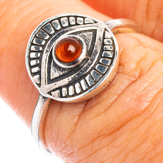 Sterling silver eye dainty ring with red cabochon stone, oval bezel