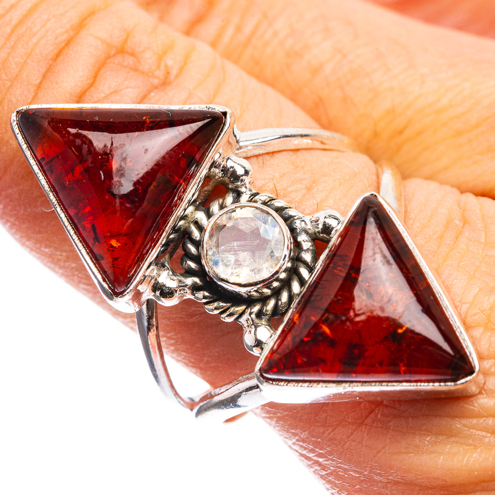 Large Baltic Amber, Rainbow Moonstone Ring Size 10 (925 Sterling Silver) R143015