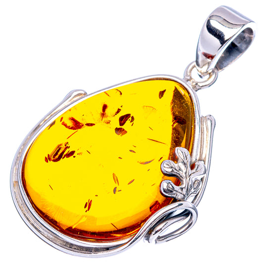 Amber leaf teardrop pendant with oval yellow amber stone and .925 sterling silver bail