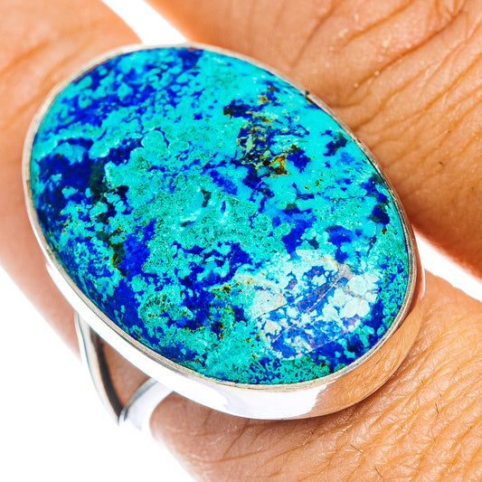 Oval blue azurite gemstone ring in .925 sterling silver band, close-up view