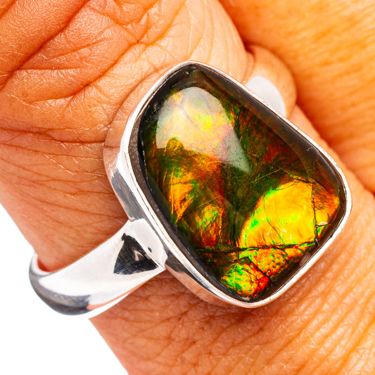 Sterling silver ammolite ring, size 8.75, oval iridescent stone in green and gold