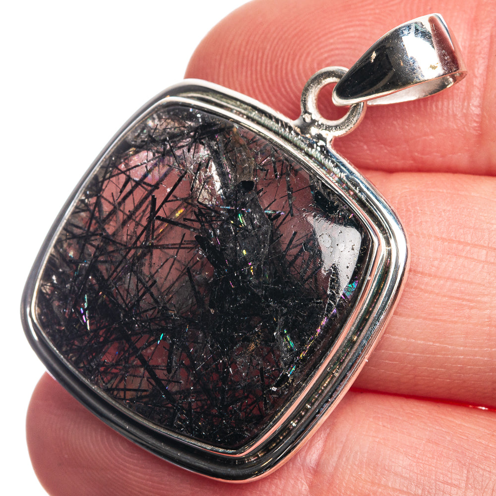 Tourmalinated quartz sterling silver pendant, rectangular bezel set with dark stone
