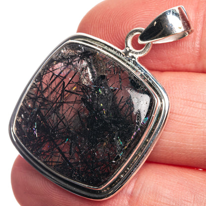 Tourmalinated quartz sterling silver pendant, rectangular bezel set with dark stone
