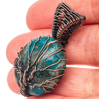 Oxidized copper wire tree of life pendant with turquoise stone, wrapped in looping vines