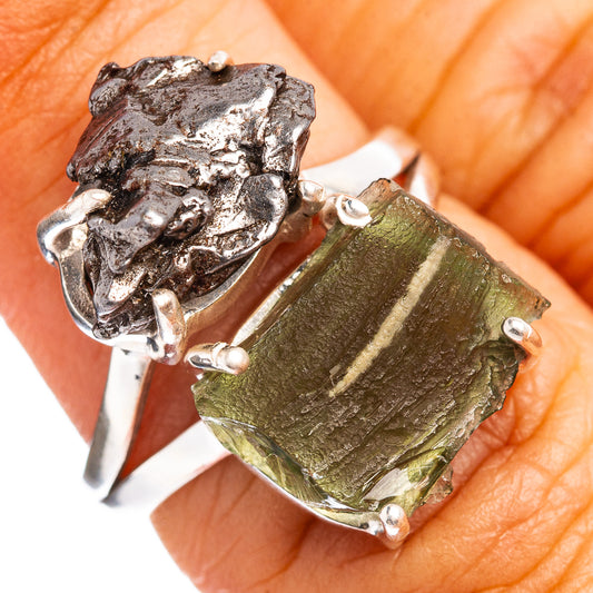 Sterling silver ring with rough dark meteorite and rectangular green moldavite