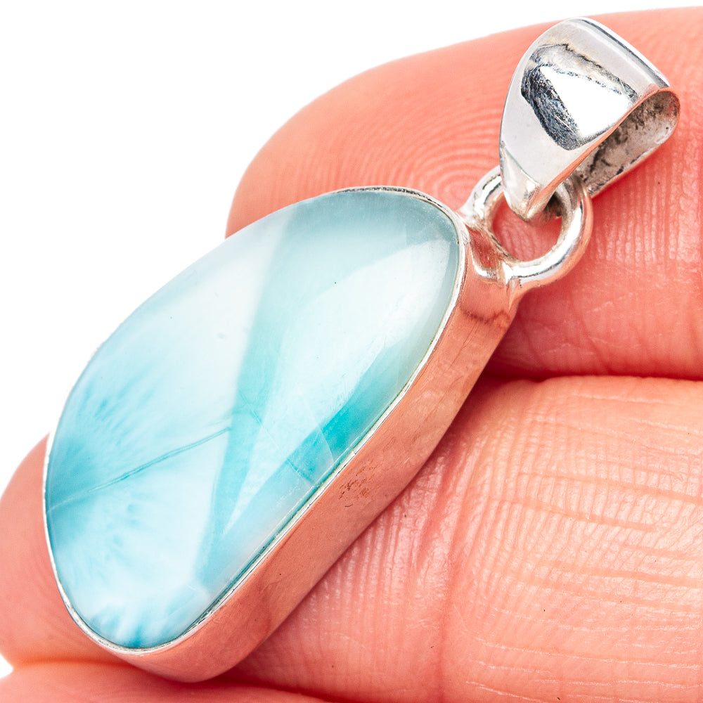 Larimar oval pendant in 925 sterling silver bezel with side bail, light blue stone