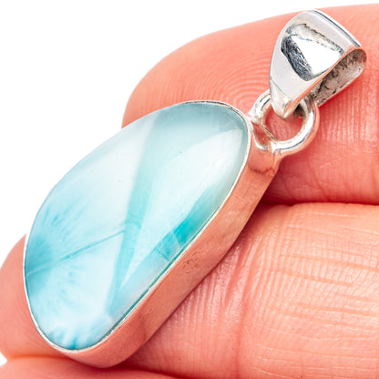 Larimar oval pendant in 925 sterling silver bezel with side bail, light blue stone
