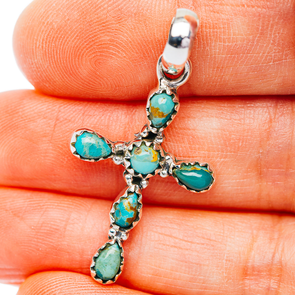 Southwestern Style Kingman Turquoise Cross Pendant 1 1/2" (.925 Sterling Silver)