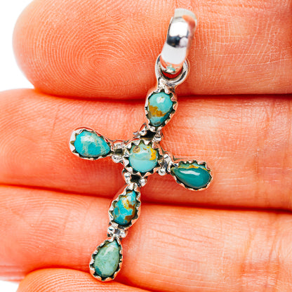 Southwestern Style Kingman Turquoise Cross Pendant 1 1/2" (.925 Sterling Silver)