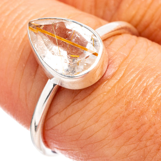 Rutilated quartz sterling silver ring with teardrop cabochon and golden needle inclusions